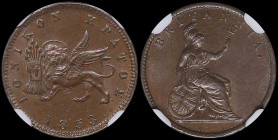 GREECE: 1 new Obol (1853.) in copper. The lion of St Mark and inscription "ΙΟΝΙΚΟΝ ΚΡΑΤΟΣ" on obverse. Dot after date. Mint: Birmingham. Medal alignme...