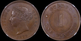 CYPRUS: 1 Piastre (1879) in bronze. Crowned head of Queen Victoria facing left on obverse. Thin "1" within circle on reverse. Inside slab by NGC "MS 6...