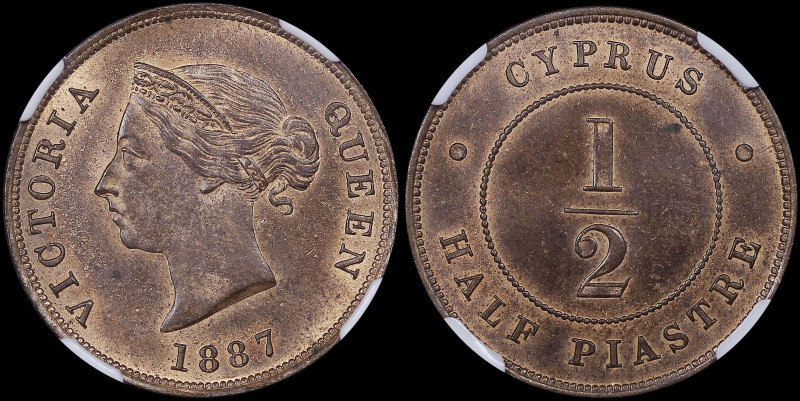 CYPRUS: 1/2 Piastre (1887) in bronze. Crowned head of Queen Victoria facing left...