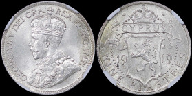 CYPRUS: 9 Piastres (1919) in silver (0,925). Crowned bust of King George V facing left on obverse. Crowned arms divide date on reverse. Inside slab by...