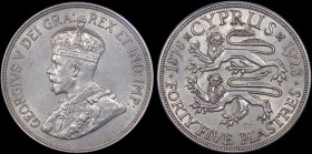 CYPRUS: 45 Piastres (1928) in silver (0,925) commemorating the 50th anniversary of British rule on the island. Crowned bust of King George V facing le...