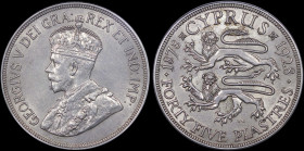 CYPRUS: 45 Piastres (1928) in silver (0,925) commemorating the 50th anniversary of British rule on the island. Crowned bust of King George V facing le...