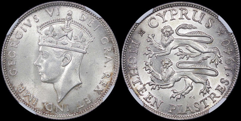 CYPRUS: 18 Piastres (1940) in silver (0,925). Crowned head of King George VI fac...
