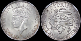 CYPRUS: 18 Piastres (1940) in silver (0,925). Crowned head of King George VI facing left on obverse. Two stylized rampant lions on reverse. Inside sla...