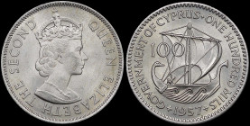 CYPRUS: 100 Mils (1957) in copper-nickel. Crowned bust of Queen Elizabeth II facing right on obverse. Stylized ancient merchant ship, denomination upp...