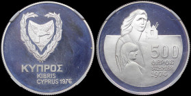 CYPRUS: 500 Mils (1976) in silver (0,925) commemorating the Refugees. Shielded arms within wreath and date above on obverse. Refugees on reverse. Insi...