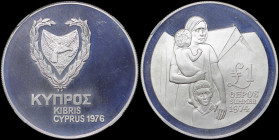 CYPRUS: 1 Pound (1976) in silver (0,925) commemorating the Refugees. Shielded arms within wreath and date above on obverse. Refugees on reverse. Insid...