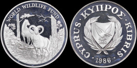 CYPRUS: 1 Pound (1986) in silver (0,925) commemorating the world Wildlife Fund. Shielded arms within wreath on obverse. Cyprian wild sheep (Moufflon) ...