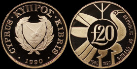 CYPRUS: 20 Pounds (1990) in gold (0,917) commemorating the 30th Anniversary of the Republic. Shielded arms within wreath on obverse. Denomination with...