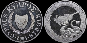 CYPRUS: 1 Pound (2004) in copper-nickel commemorating that Cyprus joins the European Union. Shielded arms on obverse. Map in center with Triton trumpe...