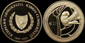 CYPRUS: 20 Euro (2010) in gold (0,917) commemorating the 50th Anniversary of the Republic of Cyprus. Shielded arms within wreath on obverse. Bird in s...