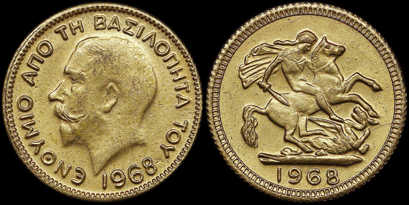 GREECE: Gilt token (copy of Sovereign) (1968) for celebrating the New Year Eve. ...