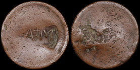 GREECE: ΑΡΧΑΓΓΕΛΟΣ (ΡΟΔΟΣ) / ARCHANGELOS (RHODES). "A+M" (Αρχαγγελος Μιχαηλ / Archangel Michael) (Wilski G 1-59a) countermark on copper coin. Ex Tzama...