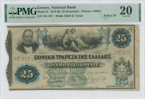 GREECE: 25 Drachmas (30.10.1881) in black, blue and green. Portrait of G Stavros at upper left, coat of arms at bottom right and Agriculture and Handi...