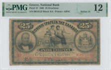 GREECE: 25 Drachmas (4.5.1903) in black on red and blue unpt. Portrait of G Stavros at left, coat of arms of King George I at right and Commerce with ...
