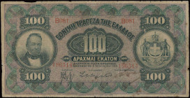 GREECE: 100 Drachmas (4.1.1910) in black on purple and green unpt. Portrait of G Stavros at left and coat of arms of King George I at right on face. S...