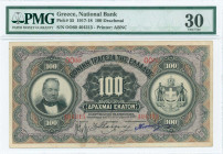GREECE: 100 Drachmas (23.12.1917) in black on purple and green unpt. Portrait of G Stavros at left and coat arms of King George I at right on face. S/...