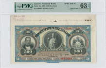GREECE: Upper marginal specimen of 500 Drachmas (2.1.1901) in black on brown and blue unpt. Portrait of G Stavros at left, coat of arms of King George...