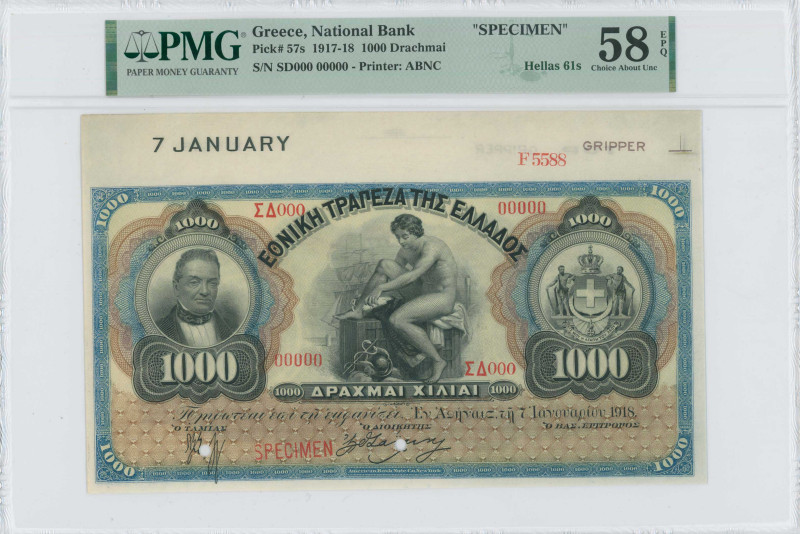 GREECE: Upper marginal specimen of 1000 Drachmas (7.1.1918) in black on brown an...