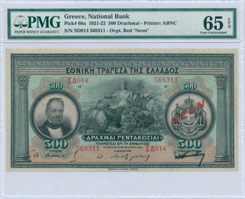GREECE: 500 Drachmas (1922 NEON issue / old date 25.1.1922) in black on light br...