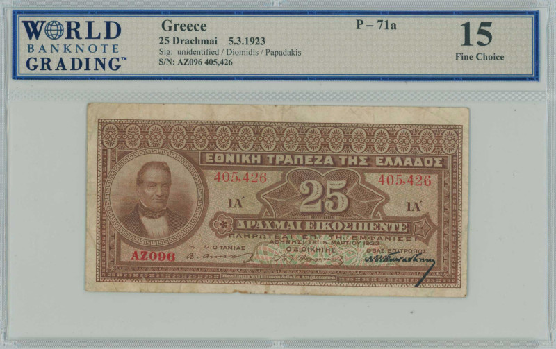 GREECE: 25 Drachmas (5.3.1923) in brown. Portrait of G Stavros at left on face. ...