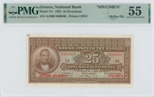 GREECE: Specimen of 25 Drachmas (5.3.1923) in brown. Portrait of G Stavros at left on face. S/N: "AZ000 000000". Two red ovpts "SPECIMEN" at bottom ce...