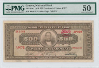 GREECE: 500 Drachmas (1926 NEON issue / old date 12.4.1923) in brown. Portrait of G Stavros at center on face. S/N: "AP072 282568". Red circular ovpt ...