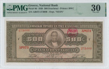 GREECE: 500 Drachmas (1926 NEON issue / old date 12.4.1923) in brown. Portrait of G Stavros at center on face. S/N: "AP073 273000". Red circular ovpt ...