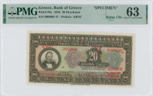 GREECE: Specimen of 20 Drachmas (19.10.1926) in brown on multicolor unpt. Portrait of G Stavros at left. S/N: "000000". Red ovpt "ΤΡΑΠΕΖΑ ΤΗΣ ΕΛΛΑΔΟΣ"...