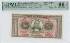 GREECE: Specimen of 50 Drachmas (ND 1929 / old date 30.4.1927) in light brown on multicolor unpt. Portrait of G Stavros at center on face. S/N: "00000...
