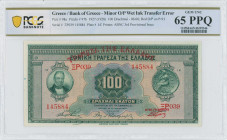 GREECE: 100 Drachmas (ND 1929 / old date 6.6.1927) in green on multicolor unpt. Portrait of G Stavros at left on face. S/N: "ΞP039 145884". Red ovpt "...