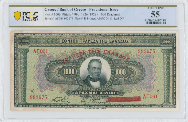 GREECE: 1000 Drachmas (ND 1928 / old date 4.11.1926) in black on green and multi...