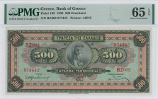GREECE: 500 Drachmas (1.10.1932) in multicolor. Goddess Athena at center on face. S/N: "ΒZ002 974442". Printed by ABNC. Inside holder by PMG "Gem Unci...