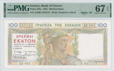 GREECE: 100 Drachmas (1.9.1935) in multicolor. God Hermes at center on face. S/N: "ΑΞ061 935133". WMK: Goddess Demeter. Printed in France. Inside hold...