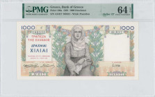 GREECE: 1000 Drachmas (1.5.1935) in multicolor. Young girl wearing traditional costume from Spetses at center on face. S/N: "AI017 168531". WMK: God P...