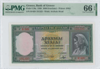 GREECE: 1000 Drachmas (1.1.1939) in green. Girl in traditional Athenian costume at right on face. S/N: "H-028 131523". WMK: Archaic head. Printed by (...