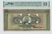 GREECE: 1000 Drachmas (4.11.1926) of 1941 Emergency re-issue cancelled banknote with black box-cachet "ΤΡΑΠΕΖΑ ΤΗΣ ΕΛΛΑΔΟΣ ΕΝ ΑΓΡΙΝΙΩ" (Very Common) o...
