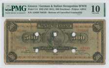 GREECE: 500 Drachmas (1.10.1932) of 1941 Emergency re-issue cancelled banknote with black box-cachet "ΤΡΑΠΕΖΑ ΤΗΣ ΕΛΛΑΔΟΣ ΕΝ ΒΟΛΩ" (Very Common) on ba...