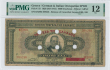 GREECE: 1000 Drachmas (15.10.1926) of 1941 Emergency re-issue cancelled banknote with black box-cachet "ΤΡΑΠΕΖΑ ΤΗΣ ΕΛΛΑΔΟΣ ΕΝ ΔΡΑΜΑ" (Common) on back...