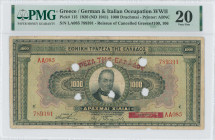GREECE: 1000 Drachmas (4.11.1926) of 1941 Emergency re-issue cancelled banknote with black box-cachet "ΤΡΑΠΕΖΑ ΤΗΣ ΕΛΛΑΔΟΣ ΕΝ ΚΑΒΑΛΛΑ 1939" (Very Comm...