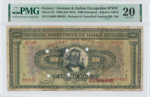 GREECE: 1000 Drachmas (4.11.1926) of 1941 Emergency re-issue cancelled banknote with black box-cachet "ΤΡΑΠΕΖΑ ΤΗΣ ΕΛΛΑΔΟΣ ΕΝ ΛΑΜΙΑ" (Scarce) on back ...