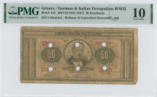 GREECE: 50 Drachmas (24.5.1927) of 1941 Emergency re-issue cancelled banknote with black box-cachet "ΤΡΑΠΕΖΑ ΤΗΣ ΕΛΛΑΔΟΣ ΕΝ ΠΑΤΡΑΙΣ" on back and six p...