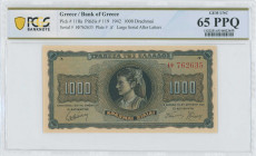 GREECE: 1000 Drachmas (21.8.1942) in black on blue and orange unpt. Girl in traditional costume from Thasos at center on face. S/N: "ΙΦ 762635" with p...