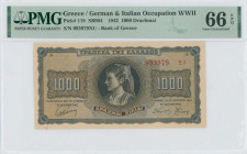 GREECE: 1000 Drachmas (21.8.1942) in black on blue and orange unpt. Girl in traditional costume from Thasos at center on face. S/N: "093979 ΞY" with s...