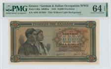 GREECE: 10000 Drachmas (29.12.1942) in black on blue, brown and orange unpt. Couple of peasants at left on face. S/N: "AΦ 337968". Title of back witho...