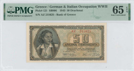 GREECE: 50 Drachmas (1.2.1943) in brown on blue and orange unpt. Girl in traditional costume at left on face. S/N: "ΑZ 215625". Printed in Athens. Ins...