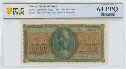 GREECE: Lot composed of 3x 5000 Drachmas (19.7.1943) in green and brown. Goddess Athena at center on face. Consecutive S/Ns: "ZT 656951 / 656953" with...