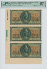 GREECE: Marginal sheet of remainders of 3x 5000 Drachmas (19.7.1943) in green and brown. Goddess Athena at center. Printer cachets for coloring on mar...