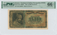 GREECE: 25000 Drachmas (12.8.1943) in black on brown, light blue and green unpt. Nymph Deidamia at left on face. S/N: "ΓΜ 236056" with prefix and numb...