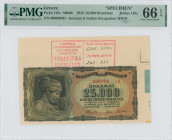 GREECE: Right corner printer marginal specimen of 25000 Drachmas (12.8.1943) in black on brown, light blue and green unpt. Bust of Nymph Deidamia at l...